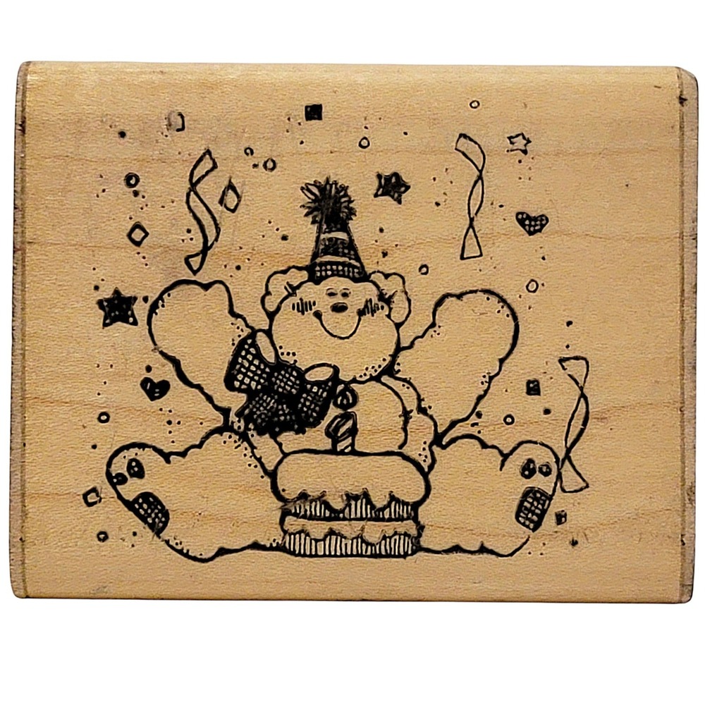 VTG 80s DOTS‎ Confetti Bear Rubber Stamp N117 1989 2.5"x3" Wood Mounted Party